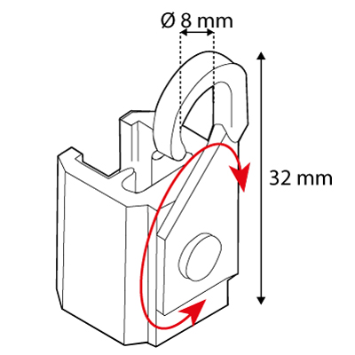 CLIP MIT KURZEM, SCHWENKBAREM HAKEN (32 MM LANG), ZUR EINHÄNGUNG IN ABHÄNGESCHIENEN, EINHÄNGEGURCHMESSER 8 MM, FÜR RAMEN SERIE 1