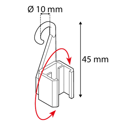 CLIP MIT LANGEM, SCHWENKBAREM HAKEN (45 MM LANG), ZUR EINHÄNGUNG IN ABHÄNGESCHIENEN, EINHÄNGEGURCHMESSER 10 MM, FÜR RAMEN SERIE 1