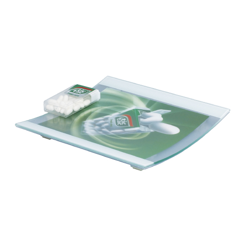 ÜVEG SZÖGLETES PÉNZVISSZAADÓ TÁLCA 180X180X22 MM, 1 MM-ES PET FEDLAPPAL, A NYOMAT MÉRETE 179X140 MM