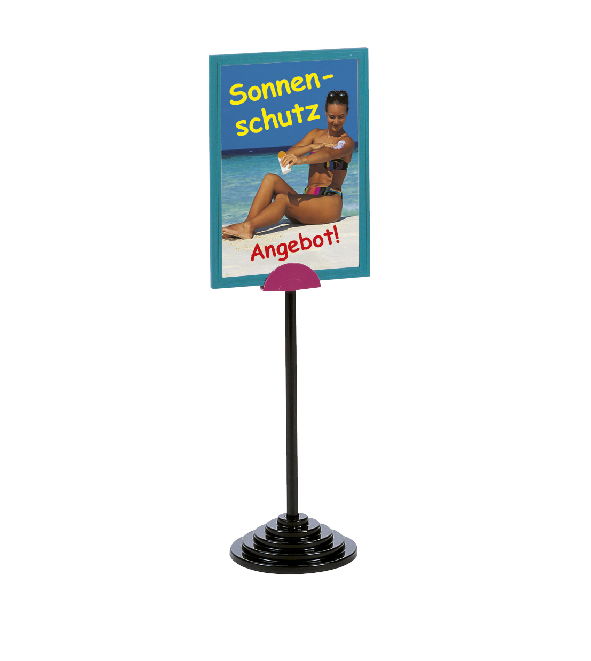 SHOWCARD STAND DEKO, A4P, FIXED TUBE 320 MM, BLACK OR SILVER STEPPED BASE
