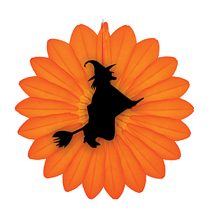 HALLOWEEN ORNAMENT MADE OF ORANGE PAPER, FLOWER WITH BLACK WITCH ON BROOM, 680 MM HEIGHT