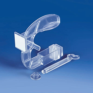 PLASTIC CLAMP HOLDER, 98X98 MM, WITH ADHESIVE 28X28 MM, FOR MAX 40 MM SHELF THICKNESS