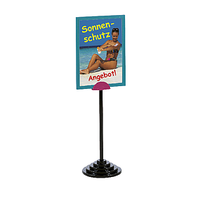 SHOWCARD STAND DEKO, A4P, FIXED TUBE 320 MM, BLACK OR SILVER STEPPED BASE