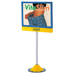 SHOWCARD STAND TWIN-SET A4L, PYRAMID PLASTIC DEKO BASE WITH HEAVY STEEL INLAY, DIAMETER 160 MM, ALUMINIUM FIXED TUBE 320 MM 