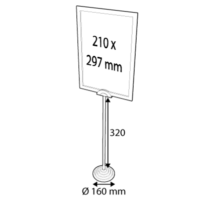 SHOWCARD STAND DEKO, A4 FRAME, FIXED TUBE 320 MM AND SILVER STEPPED BASE